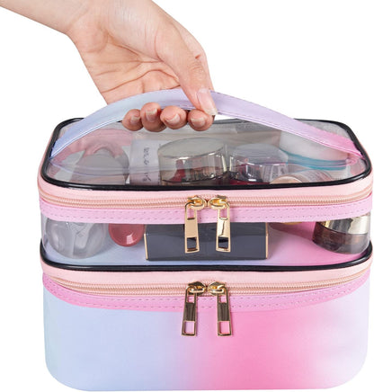 Double-layer Cosmetic Bag Makeup Bag Travel Makeup Bag Makeup Bags for Women Cosmetics Cases Portable Waterproof Foldable (Leopard)
