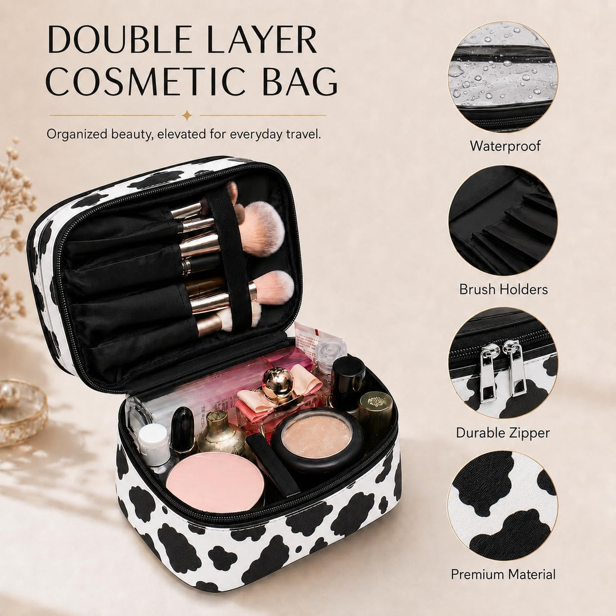 Double-layer Cosmetic Bag Makeup Bag Travel Makeup Bag Makeup Bags for Women Cosmetics Cases Portable Waterproof Foldable (Leopard)