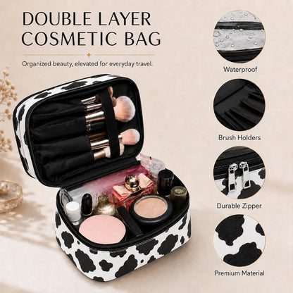 Double-layer Cosmetic Bag Makeup Bag Travel Makeup Bag Makeup Bags for Women Cosmetics Cases Portable Waterproof Foldable (Leopard)