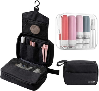 Portable Travel Toiletry Bag with Multiple Compartments | Leak Proof Bottle Set & Waterproof Hanging Organizer for Men & Women | Large Capacity for Makeup, Beach, Bathroom Essentials & Personal Items
