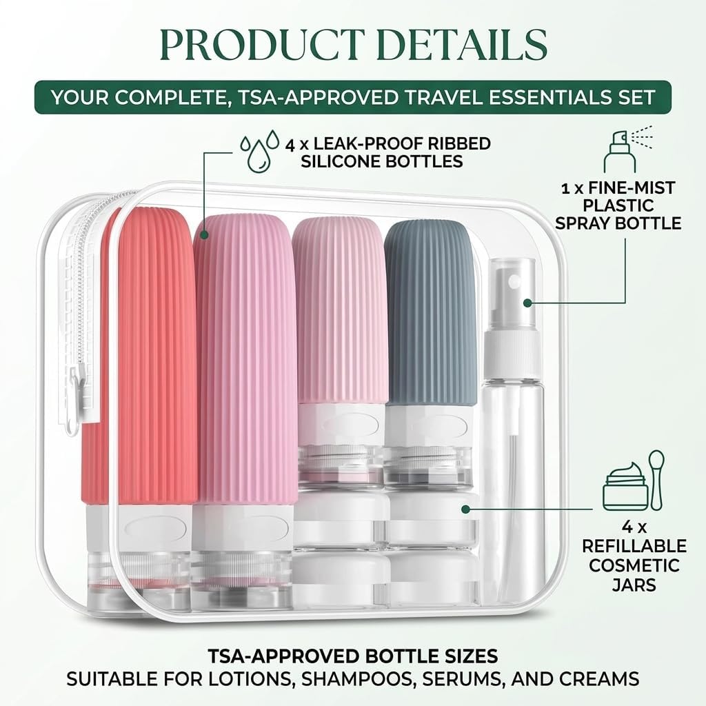 Portable Travel Toiletry Bag with Multiple Compartments | Leak Proof Bottle Set & Waterproof Hanging Organizer for Men & Women | Large Capacity for Makeup, Beach, Bathroom Essentials & Personal Items