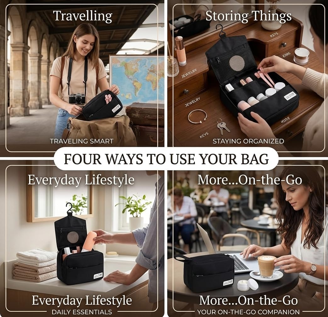 Portable Travel Toiletry Bag with Multiple Compartments | Leak Proof Bottle Set & Waterproof Hanging Organizer for Men & Women | Large Capacity for Makeup, Beach, Bathroom Essentials & Personal Items