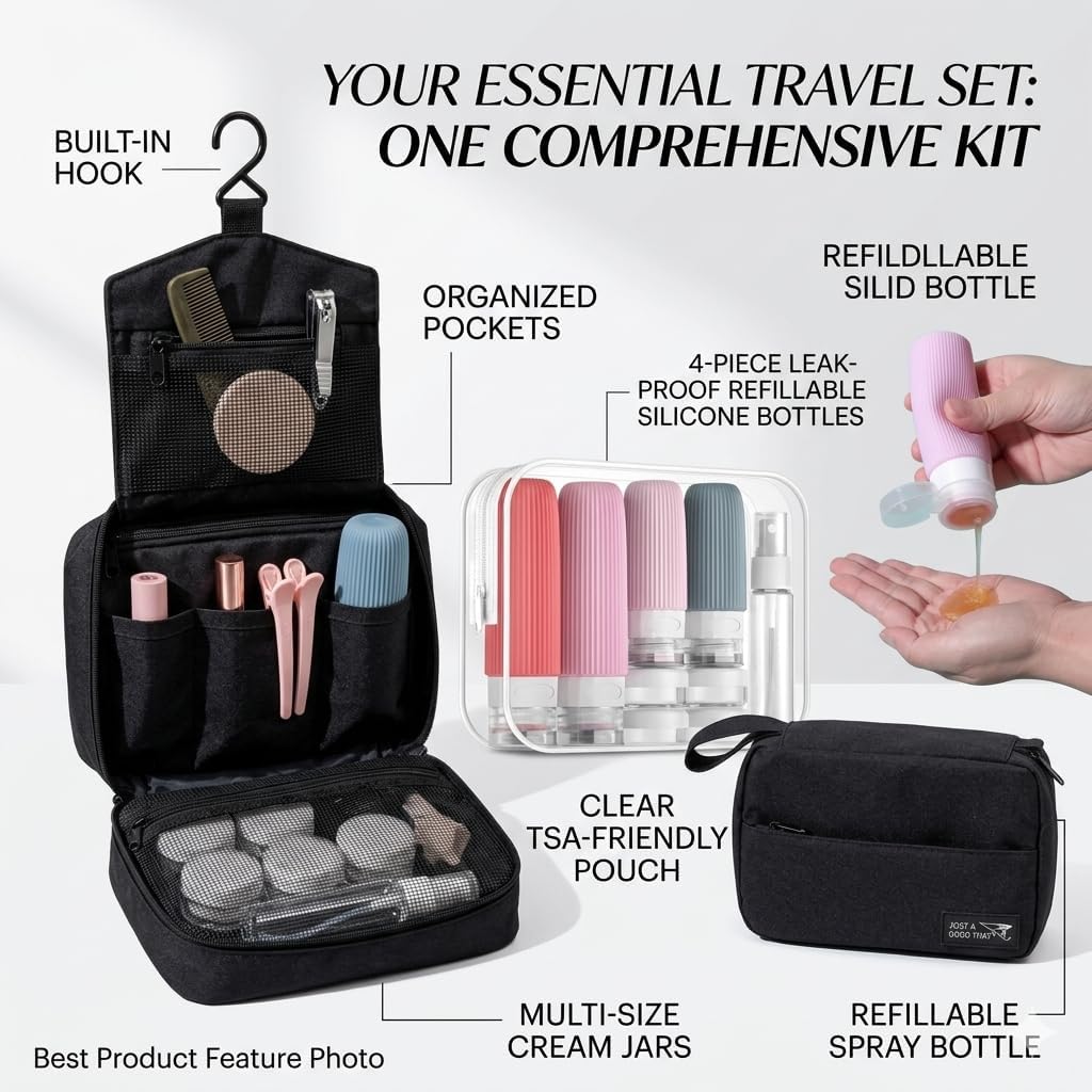 Portable Travel Toiletry Bag with Multiple Compartments | Leak Proof Bottle Set & Waterproof Hanging Organizer for Men & Women | Large Capacity for Makeup, Beach, Bathroom Essentials & Personal Items