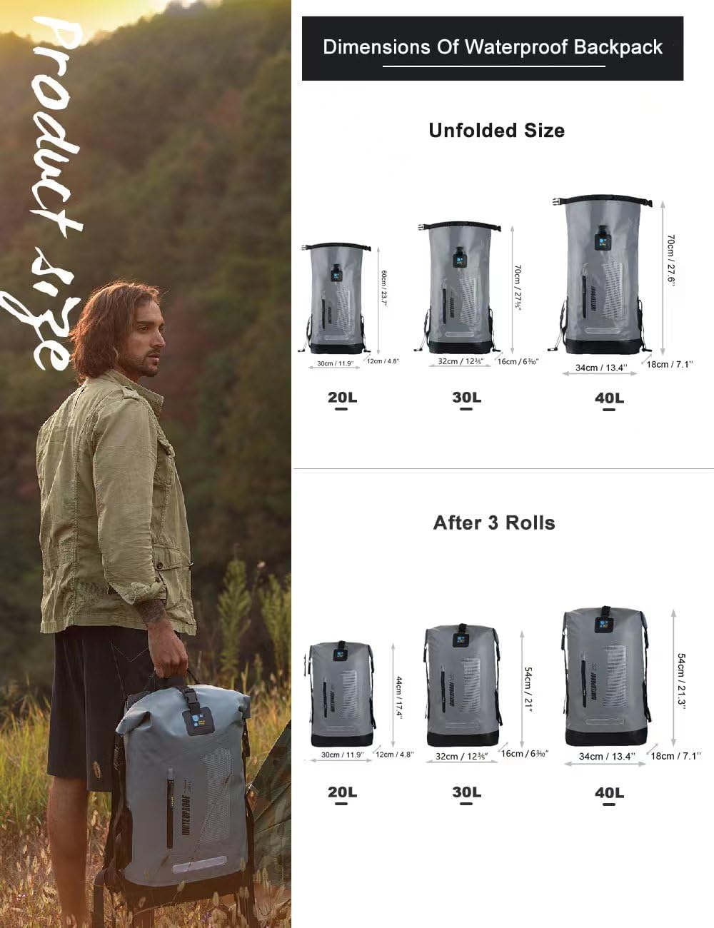 Waterproof Backpack for Men 20L/30L/40L, Floating Dry Bag Kayak, Dry Backpack Hiking