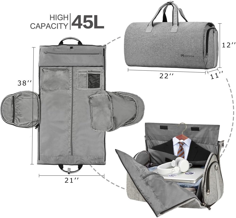 Garment Bags for Travel, 45L Carry on Convertible Garment Duffle bag | Men Women - 2 in 1 Hanging Suit Travel Bag with Shoulder Strap