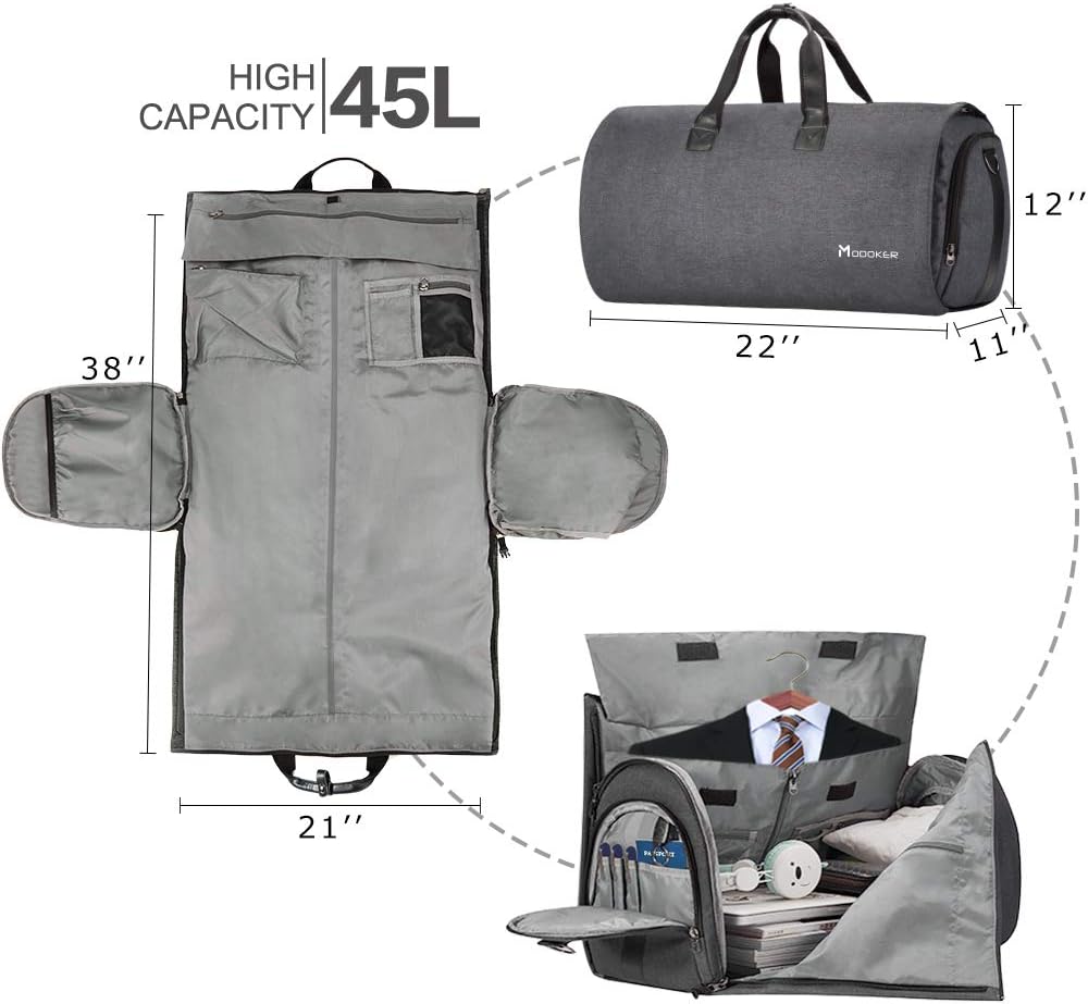 Garment Bags for Travel, 45L Carry on Convertible Garment Duffle bag | Men Women - 2 in 1 Hanging Suit Travel Bag with Shoulder Strap