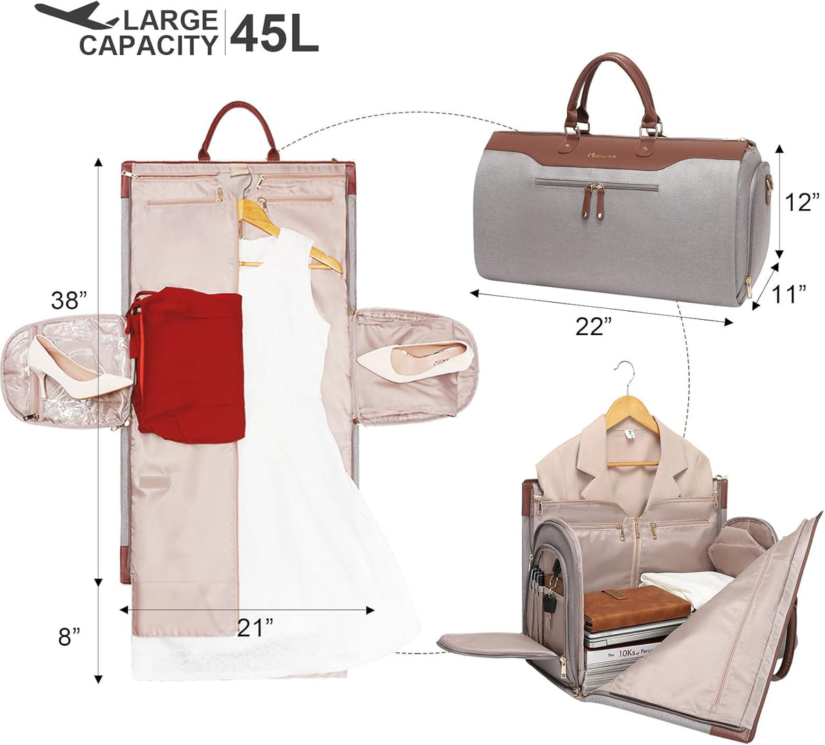 Garment Bags for Travel, 45L Carry on Convertible Garment Duffle bag | Men Women - 2 in 1 Hanging Suit Travel Bag with Shoulder Strap
