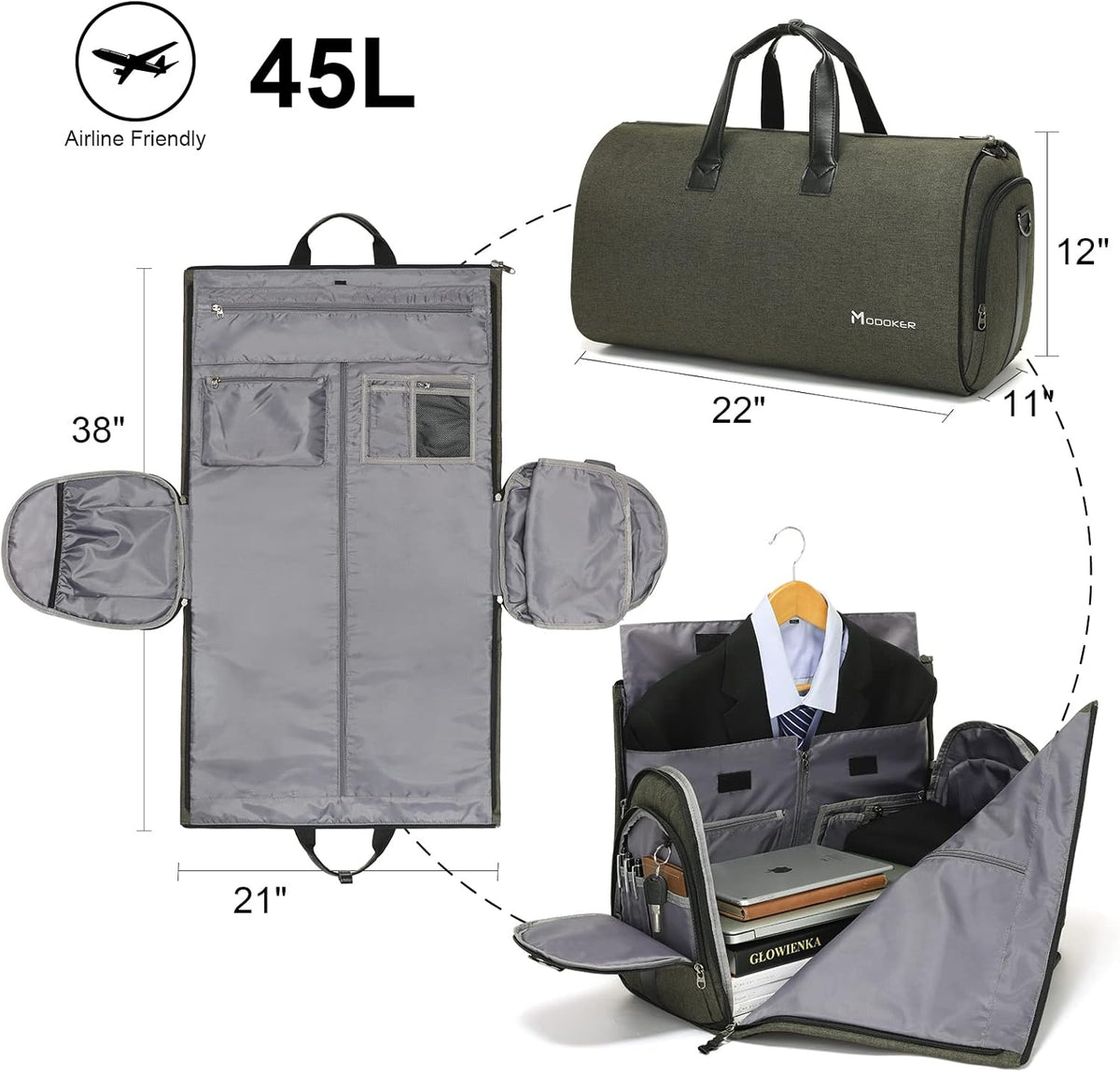 Garment Bags for Travel, 45L Carry on Convertible Garment Duffle bag | Men Women - 2 in 1 Hanging Suit Travel Bag with Shoulder Strap