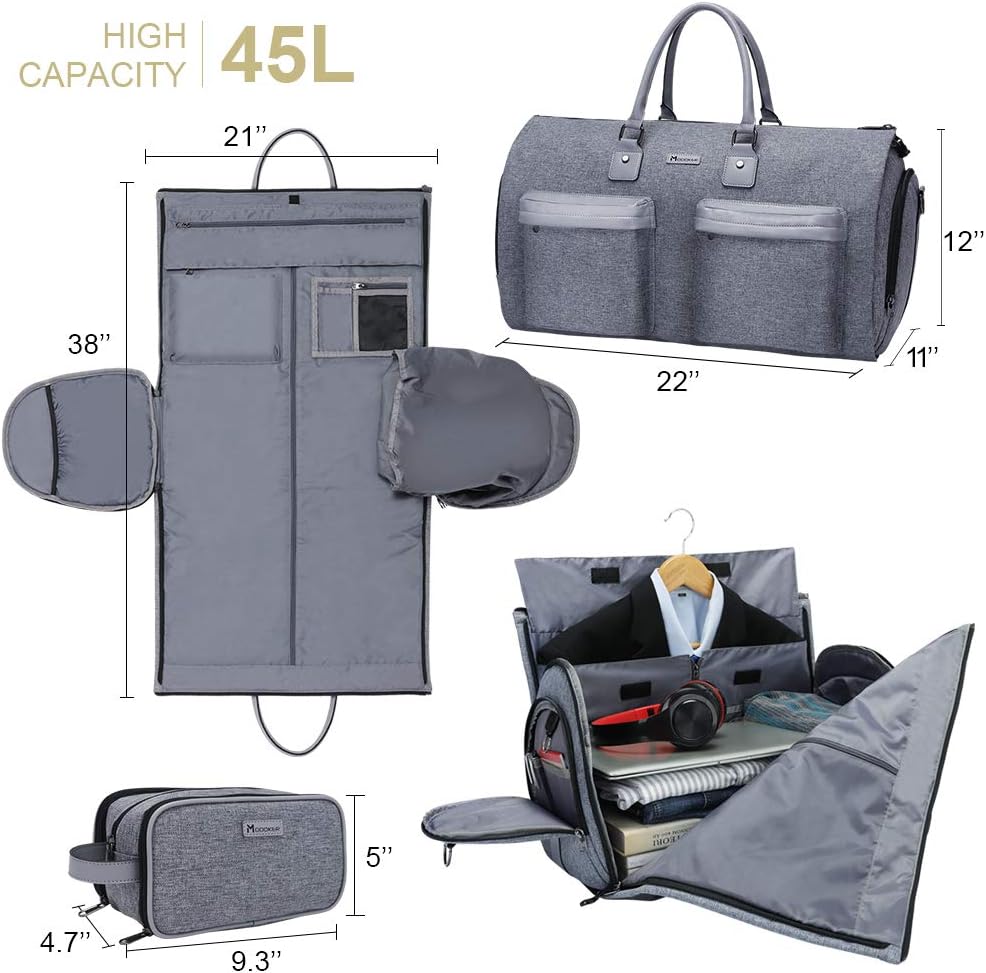 Garment Bags for Travel, 45L Carry on Convertible Garment Duffle bag | Men Women - 2 in 1 Hanging Suit Travel Bag with Shoulder Strap