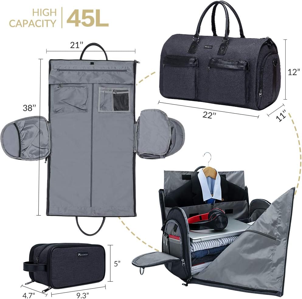 Garment Bags for Travel, 45L Carry on Convertible Garment Duffle bag | Men Women - 2 in 1 Hanging Suit Travel Bag with Shoulder Strap