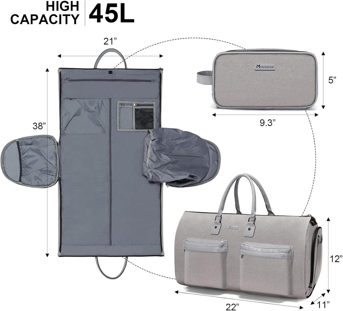 Garment Bags for Travel, 45L Carry on Convertible Garment Duffle bag | Men Women - 2 in 1 Hanging Suit Travel Bag with Shoulder Strap
