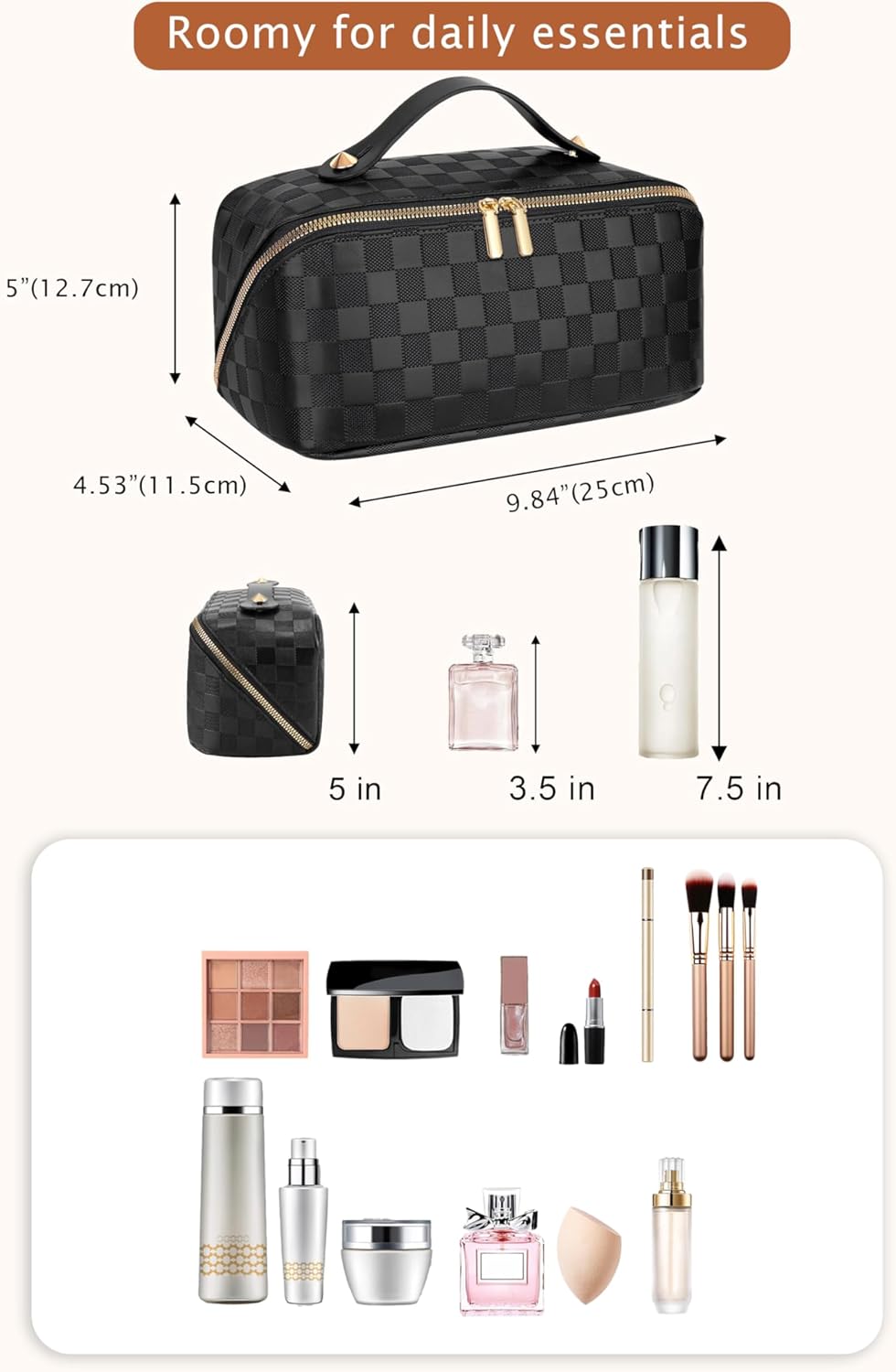 Large Capacity Travel Cosmetic Bag - Portable Makeup Bags for Women Waterproof PU Leather Checkered Makeup Organizer Bag with Dividers and Handle,Toiletry Bag for Cosmetics