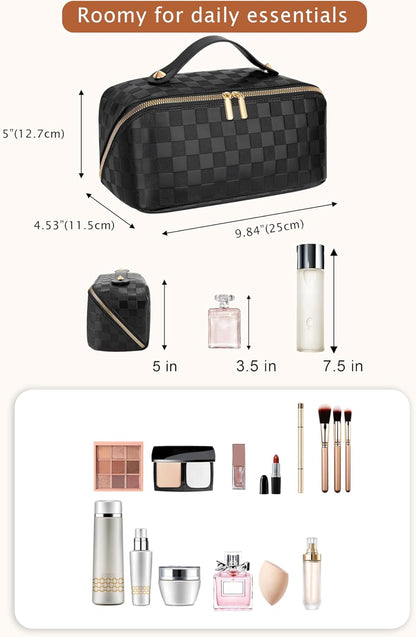 Large Capacity Travel Cosmetic Bag - Portable Makeup Bags for Women Waterproof PU Leather Checkered Makeup Organizer Bag with Dividers and Handle,Toiletry Bag for Cosmetics