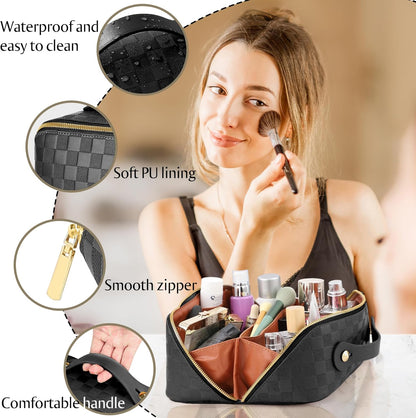 Large Capacity Travel Cosmetic Bag - Portable Makeup Bags for Women Waterproof PU Leather Checkered Makeup Organizer Bag with Dividers and Handle,Toiletry Bag for Cosmetics