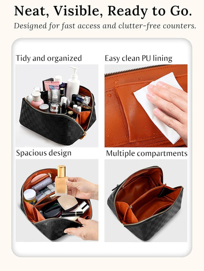Large Capacity Travel Cosmetic Bag - Portable Makeup Bags for Women Waterproof PU Leather Checkered Makeup Organizer Bag with Dividers and Handle,Toiletry Bag for Cosmetics