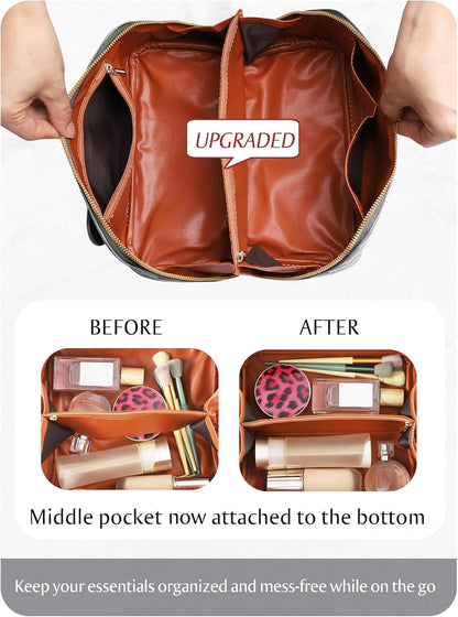 Large Capacity Travel Cosmetic Bag - Portable Makeup Bags for Women Waterproof PU Leather Checkered Makeup Organizer Bag with Dividers and Handle,Toiletry Bag for Cosmetics
