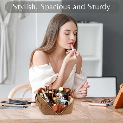 Large Capacity Travel Cosmetic Bag - Portable Makeup Bags for Women Waterproof PU Leather Checkered Makeup Organizer Bag with Dividers and Handle,Toiletry Bag for Cosmetics