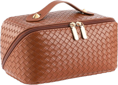 Large Capacity Travel Cosmetic Bag - Portable Makeup Bags for Women Waterproof PU Leather Checkered Makeup Organizer Bag with Dividers and Handle,Toiletry Bag for Cosmetics