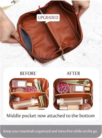 Large Capacity Travel Cosmetic Bag - Portable Makeup Bags for Women Waterproof PU Leather Checkered Makeup Organizer Bag with Dividers and Handle,Toiletry Bag for Cosmetics