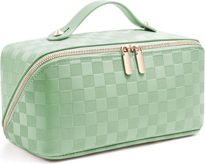 Large Capacity Travel Cosmetic Bag - Portable Makeup Bags for Women Waterproof PU Leather Checkered Makeup Organizer Bag with Dividers and Handle,Toiletry Bag for Cosmetics