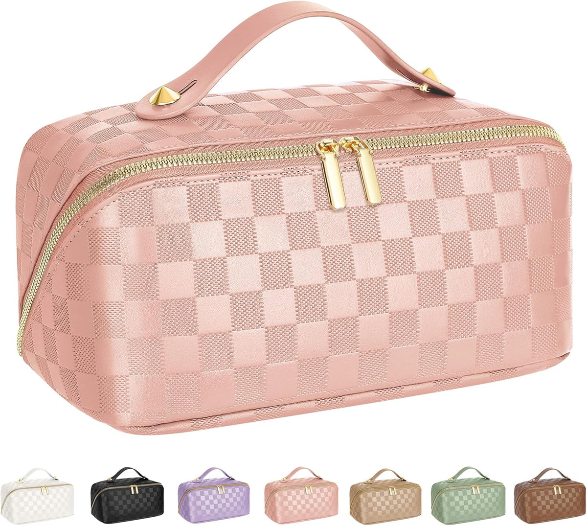 Large Capacity Travel Cosmetic Bag - Portable Makeup Bags for Women Waterproof PU Leather Checkered Makeup Organizer Bag with Dividers and Handle,Toiletry Bag for Cosmetics