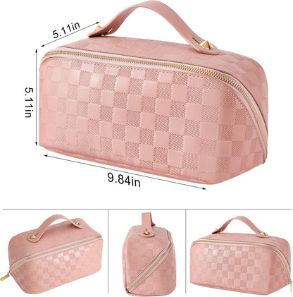 Large Capacity Travel Cosmetic Bag - Portable Makeup Bags for Women Waterproof PU Leather Checkered Makeup Organizer Bag with Dividers and Handle,Toiletry Bag for Cosmetics