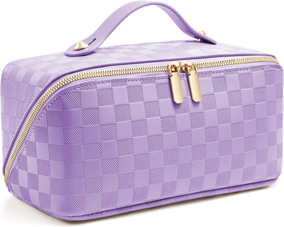 Large Capacity Travel Cosmetic Bag - Portable Makeup Bags for Women Waterproof PU Leather Checkered Makeup Organizer Bag with Dividers and Handle,Toiletry Bag for Cosmetics