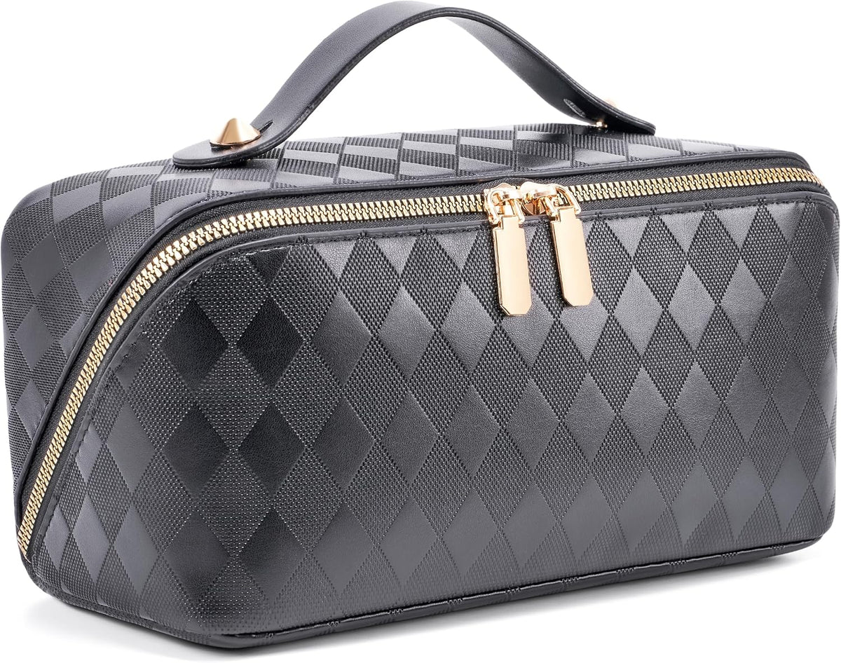 Large Capacity Travel Cosmetic Bag - Portable Makeup Bags for Women Waterproof PU Leather Checkered Makeup Organizer Bag with Dividers and Handle,Toiletry Bag for Cosmetics