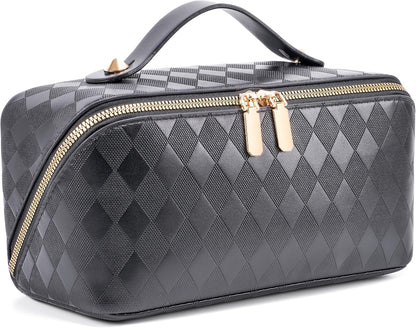 Large Capacity Travel Cosmetic Bag - Portable Makeup Bags for Women Waterproof PU Leather Checkered Makeup Organizer Bag with Dividers and Handle,Toiletry Bag for Cosmetics