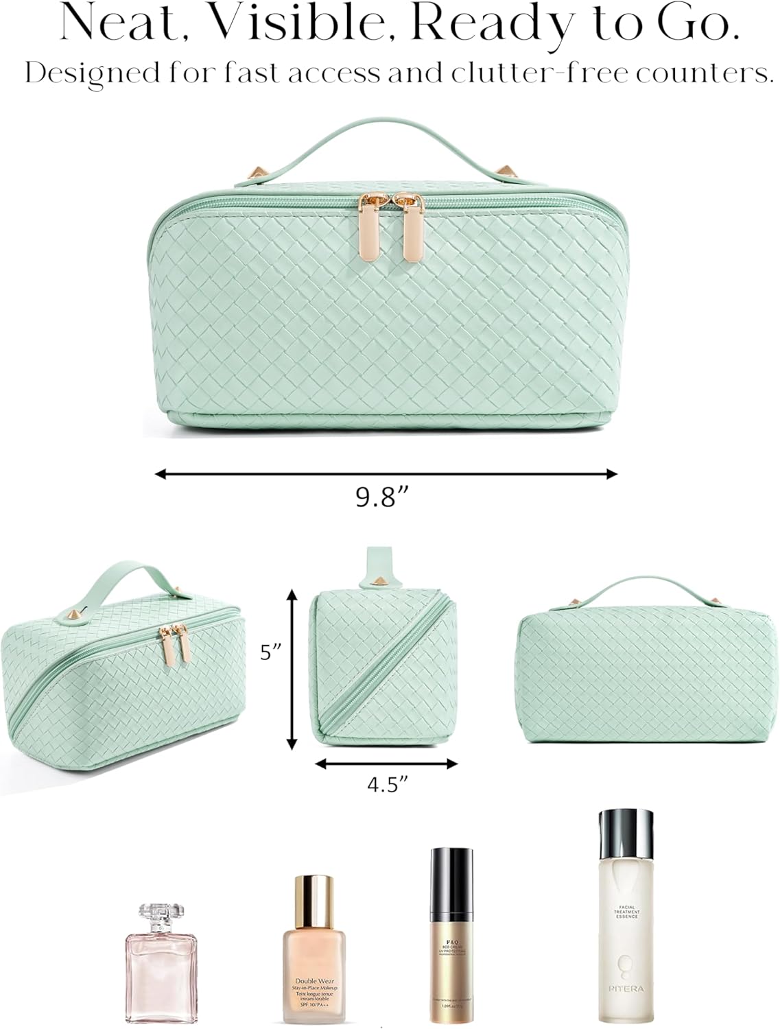Large Capacity Travel Cosmetic Bag - Portable Makeup Bags for Women Waterproof PU Leather Checkered Makeup Organizer Bag with Dividers and Handle,Toiletry Bag for Cosmetics