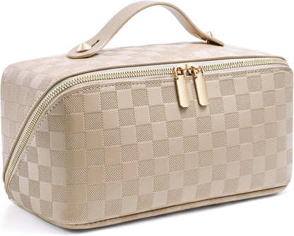 Large Capacity Travel Cosmetic Bag - Portable Makeup Bags for Women Waterproof PU Leather Checkered Makeup Organizer Bag with Dividers and Handle,Toiletry Bag for Cosmetics