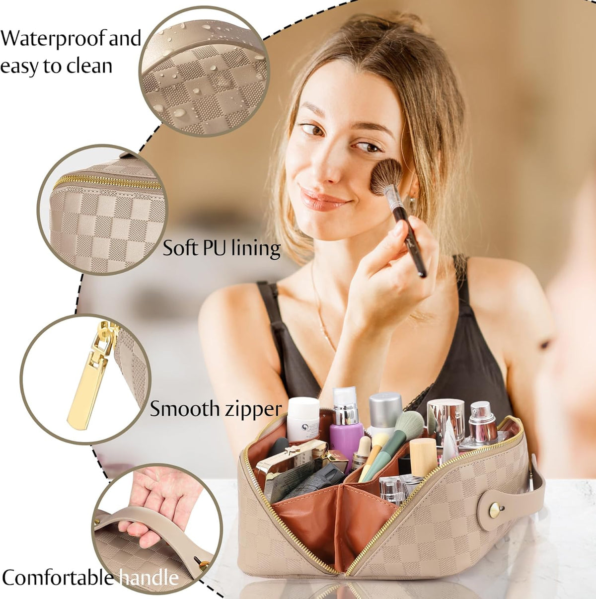 Large Capacity Travel Cosmetic Bag - Portable Makeup Bags for Women Waterproof PU Leather Checkered Makeup Organizer Bag with Dividers and Handle,Toiletry Bag for Cosmetics