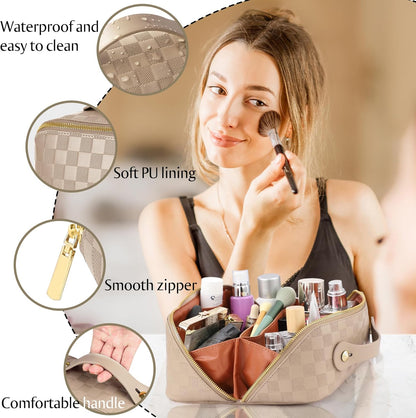 Large Capacity Travel Cosmetic Bag - Portable Makeup Bags for Women Waterproof PU Leather Checkered Makeup Organizer Bag with Dividers and Handle,Toiletry Bag for Cosmetics