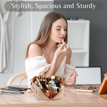 Large Capacity Travel Cosmetic Bag - Portable Makeup Bags for Women Waterproof PU Leather Checkered Makeup Organizer Bag with Dividers and Handle,Toiletry Bag for Cosmetics
