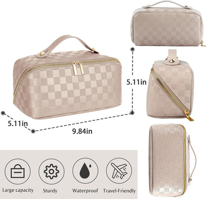 Large Capacity Travel Cosmetic Bag - Portable Makeup Bags for Women Waterproof PU Leather Checkered Makeup Organizer Bag with Dividers and Handle,Toiletry Bag for Cosmetics