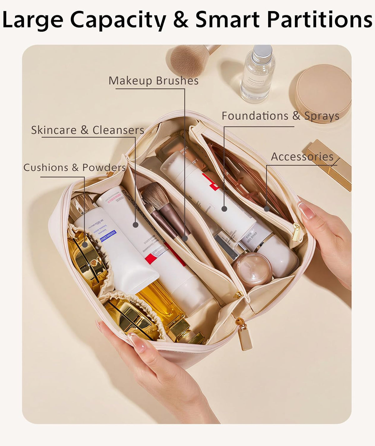 Large Capacity Travel Cosmetic Bag - Portable Makeup Bags for Women Waterproof PU Leather Checkered Makeup Organizer Bag with Dividers and Handle,Toiletry Bag for Cosmetics