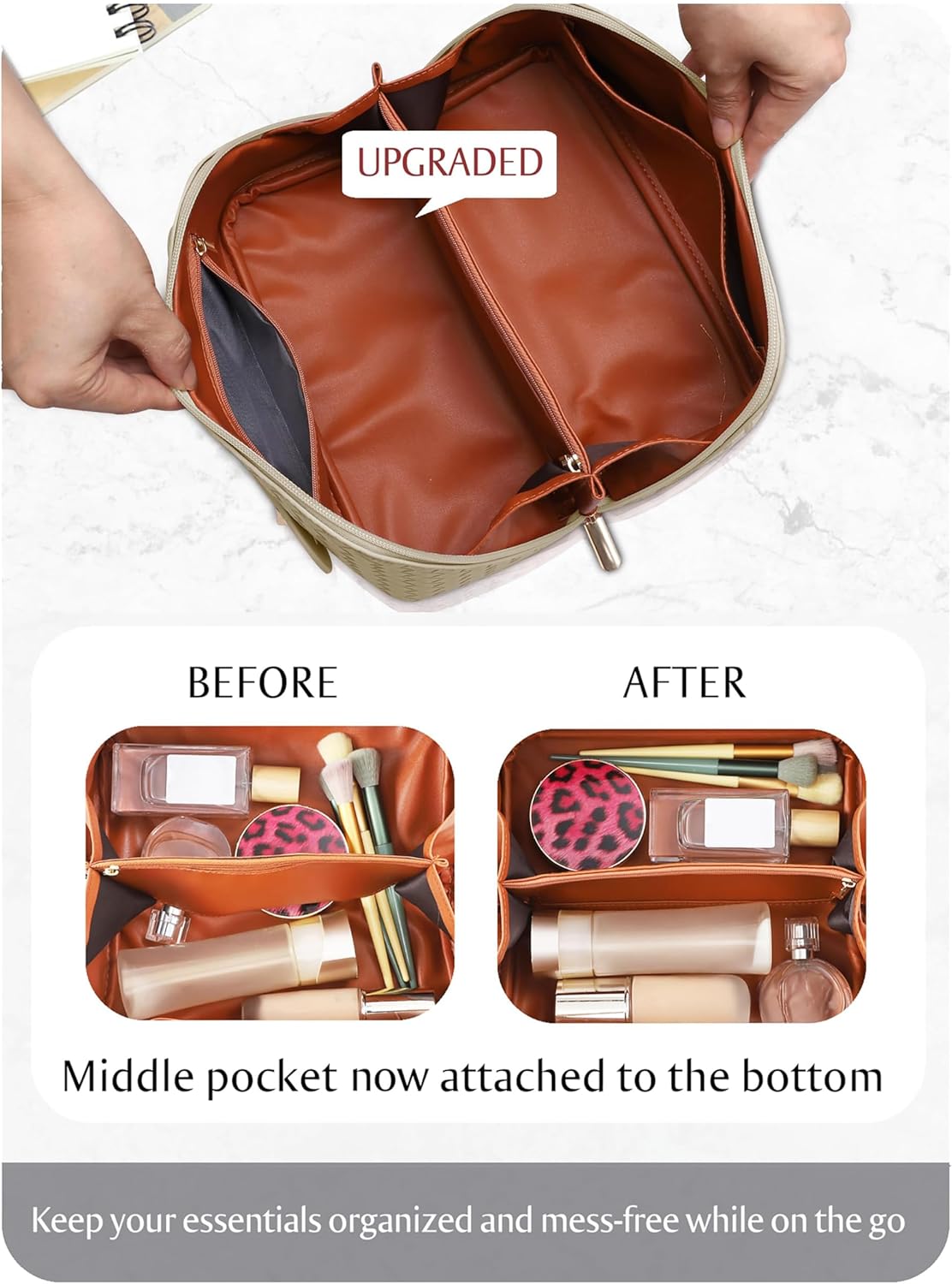 Large Capacity Travel Cosmetic Bag - Portable Makeup Bags for Women Waterproof PU Leather Checkered Makeup Organizer Bag with Dividers and Handle,Toiletry Bag for Cosmetics