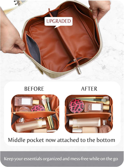 Large Capacity Travel Cosmetic Bag - Portable Makeup Bags for Women Waterproof PU Leather Checkered Makeup Organizer Bag with Dividers and Handle,Toiletry Bag for Cosmetics