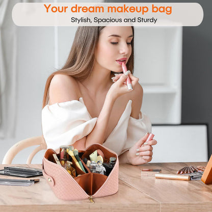 Large Capacity Travel Cosmetic Bag - Portable Makeup Bags for Women Waterproof PU Leather Checkered Makeup Organizer Bag with Dividers and Handle,Toiletry Bag for Cosmetics
