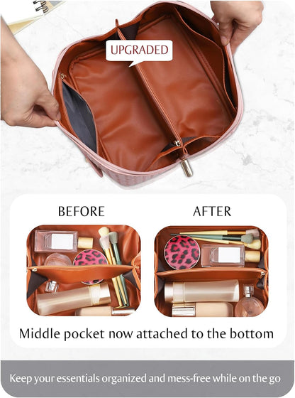 Large Capacity Travel Cosmetic Bag - Portable Makeup Bags for Women Waterproof PU Leather Checkered Makeup Organizer Bag with Dividers and Handle,Toiletry Bag for Cosmetics