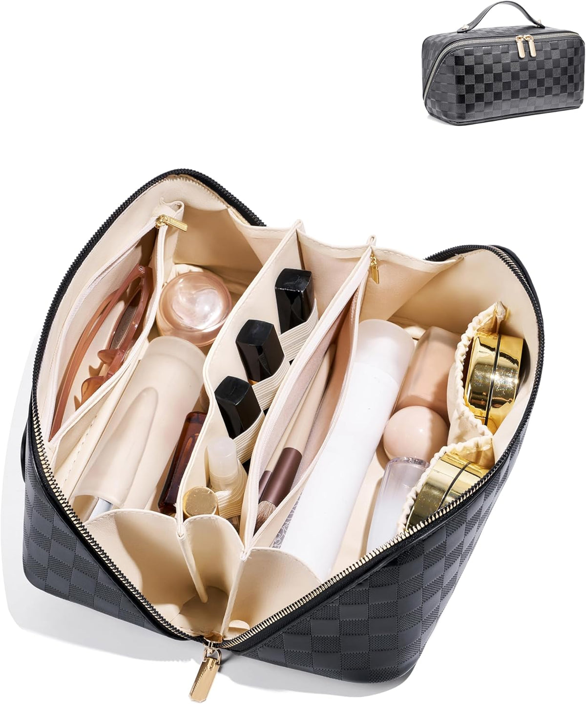 Large Capacity Travel Cosmetic Bag - Portable Makeup Bags for Women Waterproof PU Leather Checkered Makeup Organizer Bag with Dividers and Handle,Toiletry Bag for Cosmetics