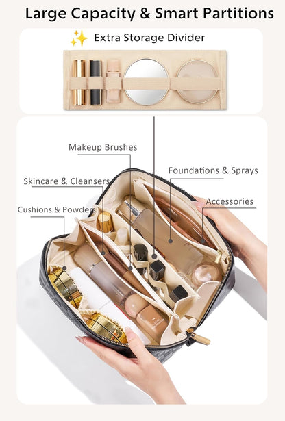 Large Capacity Travel Cosmetic Bag - Portable Makeup Bags for Women Waterproof PU Leather Checkered Makeup Organizer Bag with Dividers and Handle,Toiletry Bag for Cosmetics