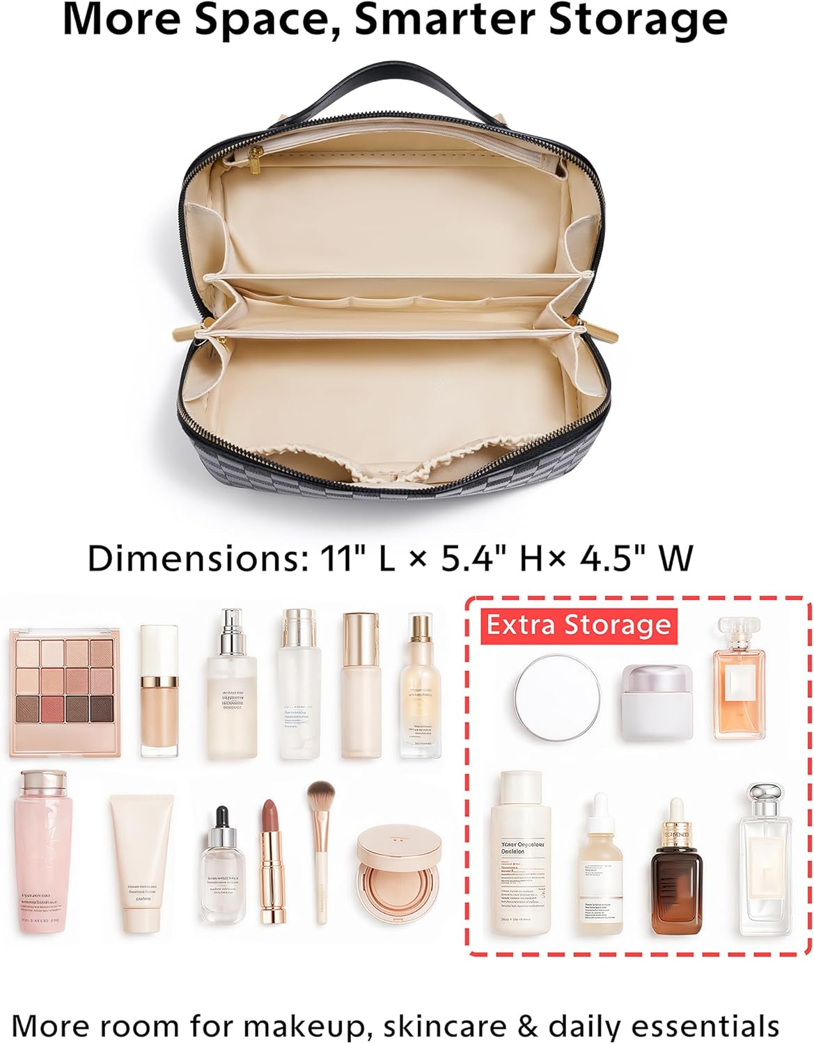 Large Capacity Travel Cosmetic Bag - Portable Makeup Bags for Women Waterproof PU Leather Checkered Makeup Organizer Bag with Dividers and Handle,Toiletry Bag for Cosmetics