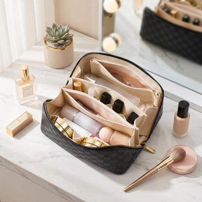 Large Capacity Travel Cosmetic Bag - Portable Makeup Bags for Women Waterproof PU Leather Checkered Makeup Organizer Bag with Dividers and Handle,Toiletry Bag for Cosmetics