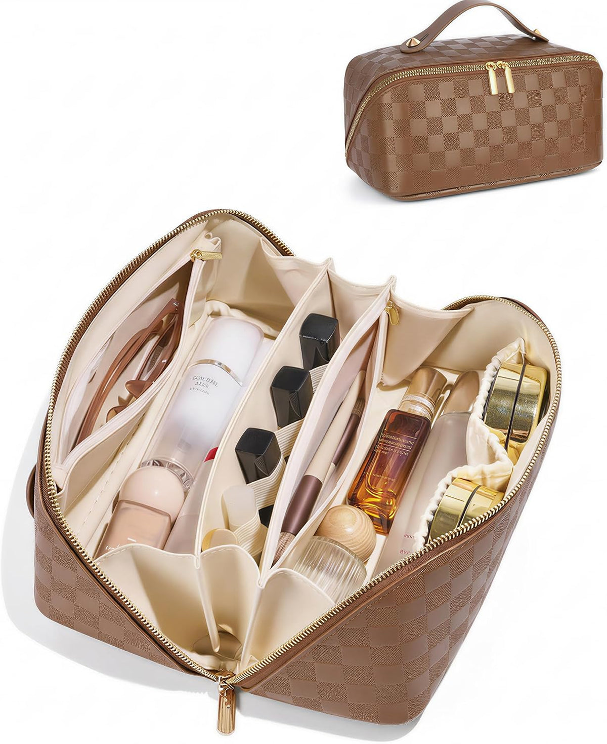 Large Capacity Travel Cosmetic Bag - Portable Makeup Bags for Women Waterproof PU Leather Checkered Makeup Organizer Bag with Dividers and Handle,Toiletry Bag for Cosmetics