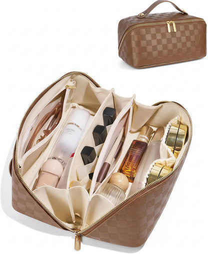 Large Capacity Travel Cosmetic Bag - Portable Makeup Bags for Women Waterproof PU Leather Checkered Makeup Organizer Bag with Dividers and Handle,Toiletry Bag for Cosmetics