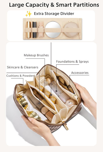 Large Capacity Travel Cosmetic Bag - Portable Makeup Bags for Women Waterproof PU Leather Checkered Makeup Organizer Bag with Dividers and Handle,Toiletry Bag for Cosmetics