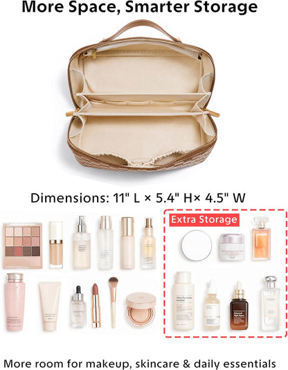 Large Capacity Travel Cosmetic Bag - Portable Makeup Bags for Women Waterproof PU Leather Checkered Makeup Organizer Bag with Dividers and Handle,Toiletry Bag for Cosmetics