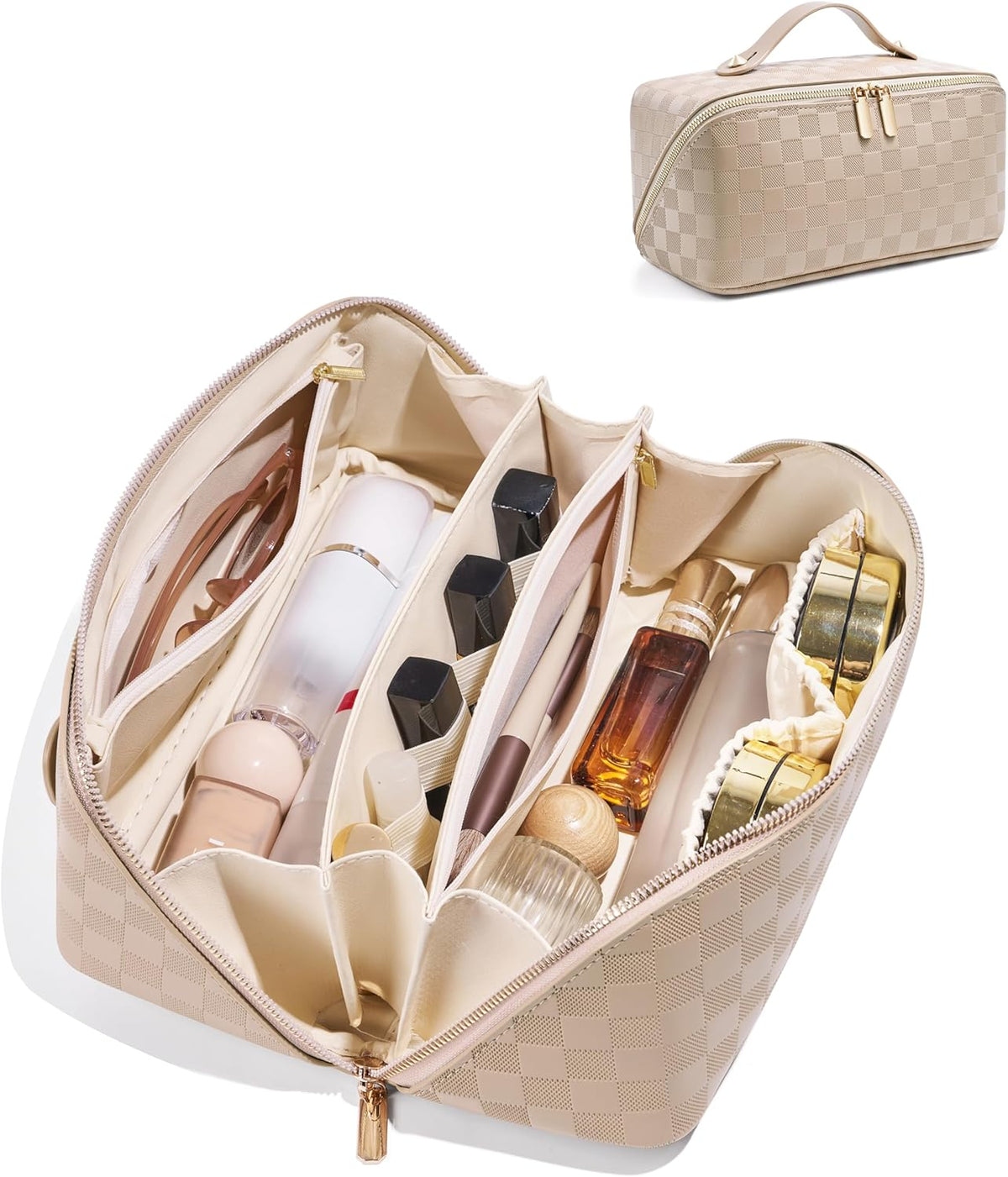 Large Capacity Travel Cosmetic Bag - Portable Makeup Bags for Women Waterproof PU Leather Checkered Makeup Organizer Bag with Dividers and Handle,Toiletry Bag for Cosmetics