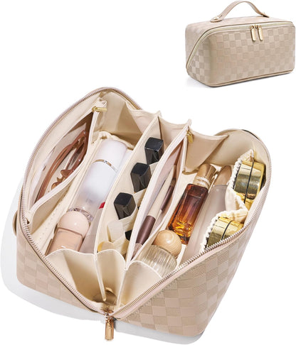 Large Capacity Travel Cosmetic Bag - Portable Makeup Bags for Women Waterproof PU Leather Checkered Makeup Organizer Bag with Dividers and Handle,Toiletry Bag for Cosmetics